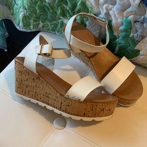 White and tan cork wedge sandals